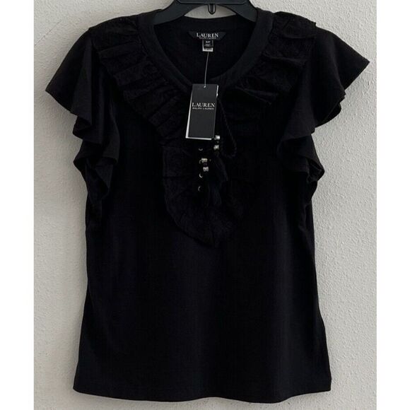 Lauren Ralph Lauren Womens Sz Small Ruffle-Trim Lace-Up Jet Black Top - Picture 3 of 11